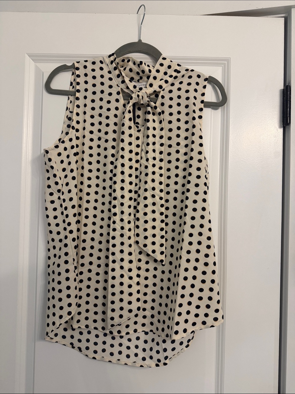 41 Hawthorn Black Polka Dot Cream Tie-Neck Sleeveless Blouse